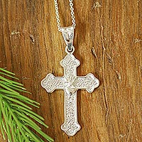 Sterling silver cross pendant necklace, 'Glowing Sacred Heart' - Chain & Cord Sterling Silver Cross Pendant Necklace