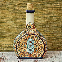 Ceramic decanter, 'Floral Spirits' - Talavera Style Tequila Decanter in Floral Design from Mexico
