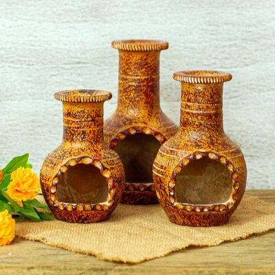Ceramic decorative vases, 'Ancient Flames' (set of 3) - Set of 3 Decorative Ceramic Vases from Mexico