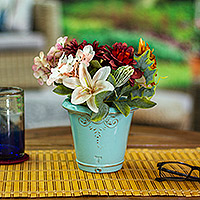 Ceramic flower pot, 'Baroque Aqua' - Aqua Blue Ceramic Planter Artisan Crafted in Mexico