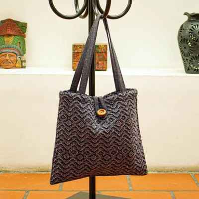 Cotton tote bag, 'Popocatepetl' - Organic Cotton and Wool Tote Bag in Ash Grey from Mexico