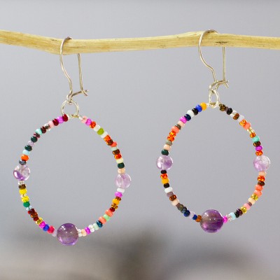 Beaded agate dangle earrings, Rainbow of Lilacs