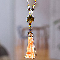 Multi-gemstone beaded Y-necklace, 'Honeyed Peach' - Handcrafted Beaded Tiger's Eye & Quartz Tassel Necklace