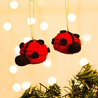 Crocheted ornaments, 'Holiday Ladybugs' (Pair) - Crocheted Lady Bug Hanging Ornaments from Mexico (Pair)