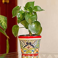 Ceramic flower pot, 'Colorful Mercado' (6.25 inch diameter) - Ceramic Flower Pot from Mexico (6.25 Inch Diameter)