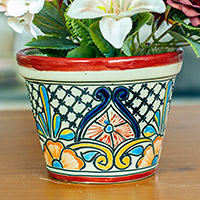Ceramic flower pot, 'Colorful Mercado' (5.5 inch diameter) - Multicolored Talavera-Style Flower Pot (5.5 Inch Diameter)