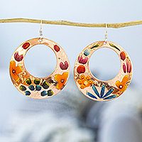 Copper dangle earrings, 'Floral Wreath' - Reclaimed Copper Hand Painted Dangle Earrings from Mexico