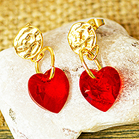 Swarovski crystal dangle earrings, 'Deep Love' - Swarovski Crystal Gold Plated Red Heart Earrings from Mexico