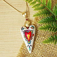 Hand-painted marble pendant necklace, 'Hummingbird Heart' - Heart Motif Hand-Painted Necklace