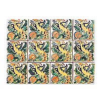 Decorative ceramic tiles, 'Yellow Parrots' (set of 12) - Colorful Talavera-Style Tiles (Set of 12)