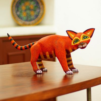 Wood alebrije sculpture, 'Crafty Cat' - Mexican Alebrije Cat Sculpture