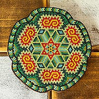 Beadwork wall decor, 'Spiraling Jade' - Handmade Mexico Huichol Star Theme Green Beadwork Nierika