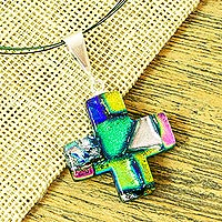 Dichroic art glass cross necklace, 'Colors of Growth' - Artisan Crafted Iridescent Dichroic Art Glass Cross Necklace