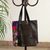 Leather and cotton blend shoulder bag, 'Blooming Midnight' - Black Leather and Fabric Shoulder Bag thumbail