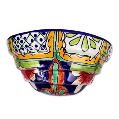Ceramic wall planter, 'Hacienda Garden' - Talavera-Style Wall Planter
