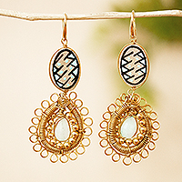 Gold plated ceramic dangle earrings, 'Mixed Media in Aqua' - Handmade Gold Plated Earrings