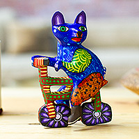 Wool alebrije sculpture, 'Bicycle Cat' - Hand Painted Alebrije Cat Figurine