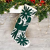 Cotton Christmas stocking, 'Tenango Boot in Green' - Dark Green Tenango Embroidered Christmas Stocking