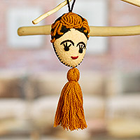 Wool and cotton ornament, 'Frida in Gold' - Handmade Golden Yellow Wool Frida Ornament