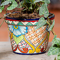 Ceramic flower pot, 'Hidalgo Garden' - Artisan Hand Painted Flower Pot