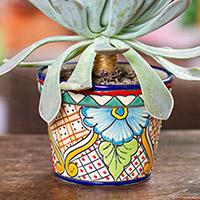 Ceramic flower pot, 'Country Garden' - Talavera-Style Ceramic Flower Pot