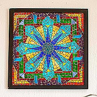 Glass mosaic wall decor, 'Mexican Mandala' - Colored Glass Mosaic Wall Hanging in Floral Design Mexico