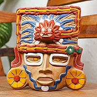 Ceramic wall accent, 'Quetzalcoatl Sun God Mask' - Handcrafted Ceramic Wall Accent
