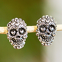 Sterling silver stud earrings, 'Deadly Love' - Skull Earrings in Taxco Sterling Silver