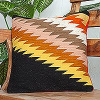 Wool and cotton cushion cover, 'Zapotec Lightning' - Zigzag Motif Wool Cushion Cover