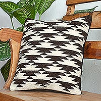 Wool and cotton cushion cover, 'Zapotec Eagles' - Handwoven Brown and Ivory Color Cushion Cover