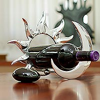 Aluminum wine bottle holder, 'Shiny Eclipse' - Sun and Moon Themed Recycled Aluminum Wine Bottle Holder