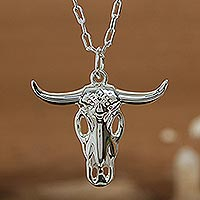 Sterling silver pendant necklace, 'Ghost Bull' - 925 Sterling Silver Bull Skull Pendant Necklace From Taxco