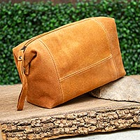 Leather toiletries case, 'Spice Brown Journey' - Spice Brown Travel or Cosmetic Bag with Zipper and Strap