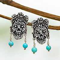 Turquoise button earrings, 'Catrina Kahlo' - Catrina Frida Themed Sterling Silver Button Earrings
