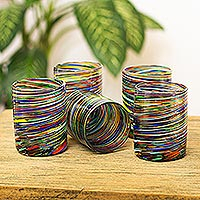 Glass rocks glasses, 'Spiral Crayons' (set of 6) - Multicolored Swirl Rocks Glasses from Mexico (Set of 6)