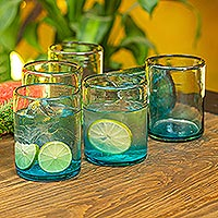 Glass rocks glasses, 'Cooling Aquamarine' (set of 6) - Turquoise Blue Rocks Glasses from Mexico (Set of 6)