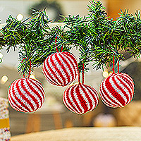Crocheted wool ornaments, 'Peppermint Stripes' - Red and White Striped Wool Ornaments (Set of 4)