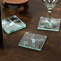 Glass coasters, 'Clearly Hummingbird' (set of 4) - Glass Coasters with Hummingbird Motif from Mexico (Set of 4)