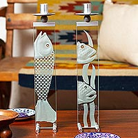 Glass candleholders, 'Enlightened Fish' (pair) - Glass and Aluminum Candleholders with Fish (Set of 2)