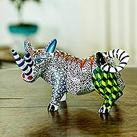 Wood alebrije sculpture, 'Cautious Black and White Rhino' - Black and White Rhinoceros Alebrije Wood Carving from Oaxaca