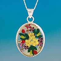 Sterling silver pendant necklace, 'Antique Daffodils' - Old Fashioned Pendant Necklace with Flowers in Resin