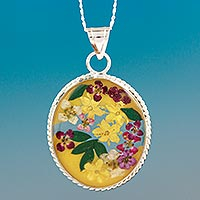 Natural flower pendant necklace, 'Yellow Forever' - Sterling Silver Necklace with Yellow Dried Flower Pendant