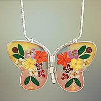 Natural flower pendant necklace, 'Yellow Mexican Butterfly' - Sterling Silver and Dried Flower Yellow Butterfly Necklace