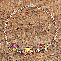 Sterling silver pendant bracelet, 'Purple Anahuac Flowers' - Sterling Silver Chain Bracelet with Three Flowered Pendants