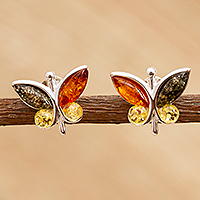 Amber dangle earrings, 'Anahuac Butterflies' - Amber and Sterling Silver Dangle Earrings from Mexico
