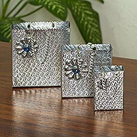 Aluminum repousse decorative boxes, 'Blue Luxury' (set of 3) - Aluminum Repousse Gift Bag Boxes from Mexico (Set of 3)