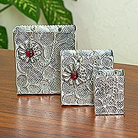 Aluminum repousse decorative boxes, 'Red Luxury' (set of 3) - Aluminum Decorative Gift Boxes from Mexico (Set of 3)