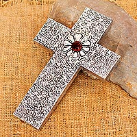 Aluminum repousse cross, 'Prayers Like Flowers' - Decorative Wall Cross in Aluminum Repousse with Amber Flower