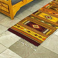 Zapotec wool runner, 'Oaxacan Earth Walk' (2x6.5) - Naturally-dyed 2 x 6.5 Wool Area Rug with Zapotec Designs