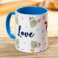Ceramic mug, 'Mexican Love' - Signed Painting Printed Ceramic Cup with Corn and Talavera
